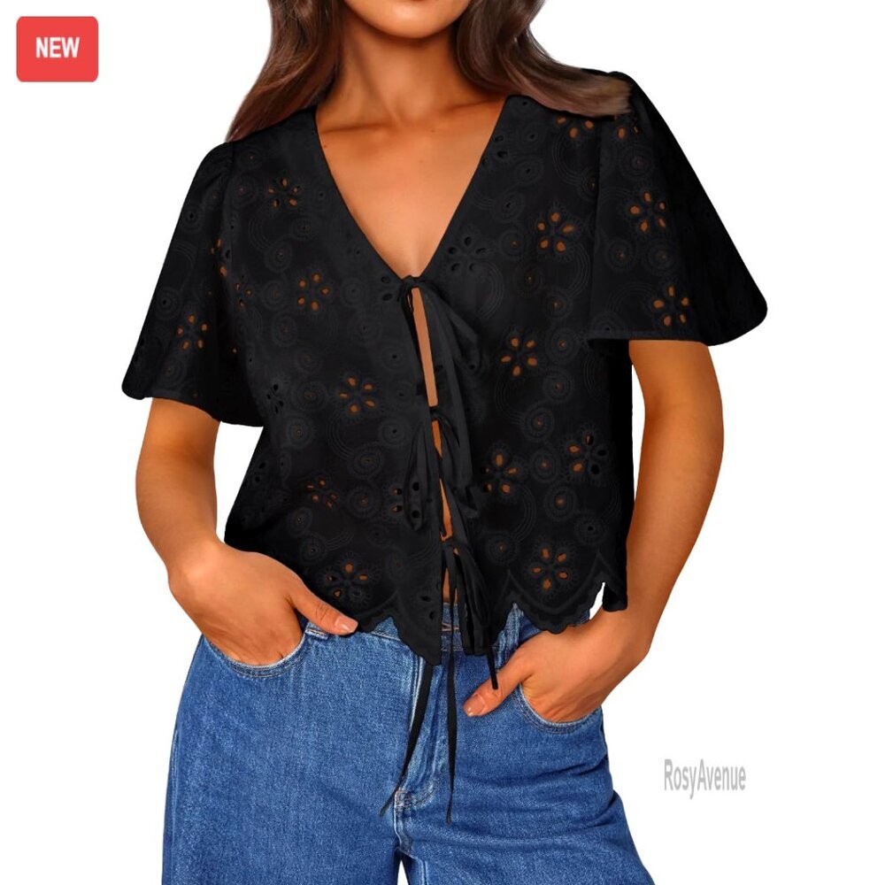 V-Neck Short Sleeve Blouse with Tie Front and Eyelet Embroidery
